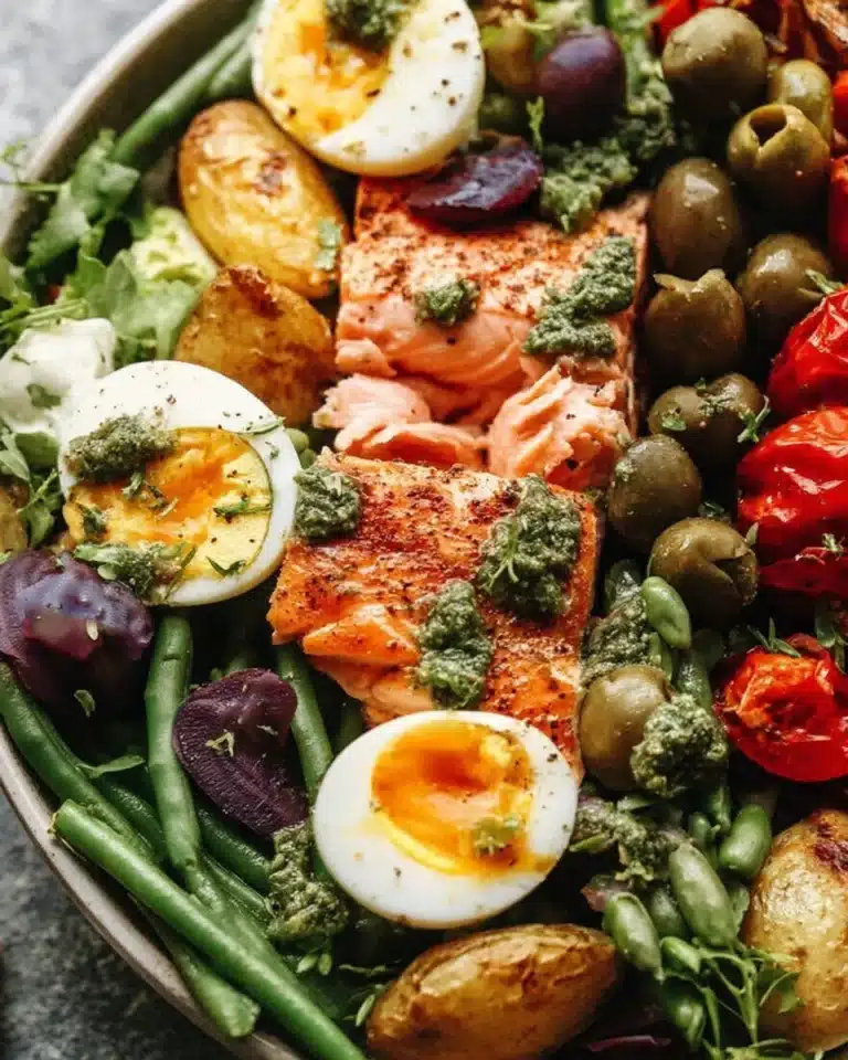 Roasted Salmon Nicoise Salad with vegetables and olives on a plate