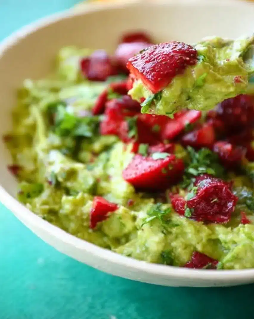 Roasted strawberry guacamole served in a colorful dish with fresh ingredients