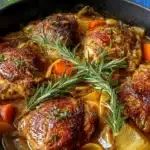 Plate of Rosemary Apple Cider Chicken garnished with herbs and spices