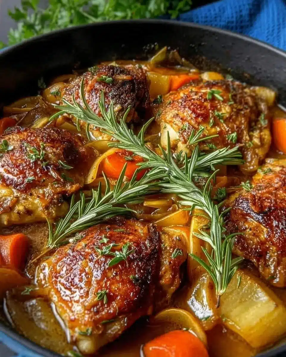 Plate of Rosemary Apple Cider Chicken garnished with herbs and spices