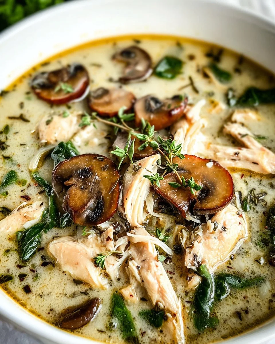 Delicious bowl of rotisserie chicken and mushroom soup with fresh herbs