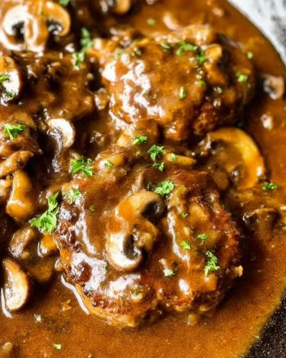 Salisbury steak served with mushroom gravy on a plate