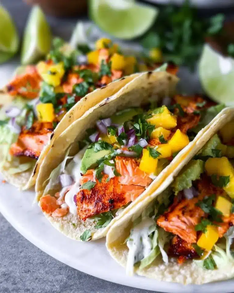 Delicious salmon tacos topped with fresh ingredients and garnishes