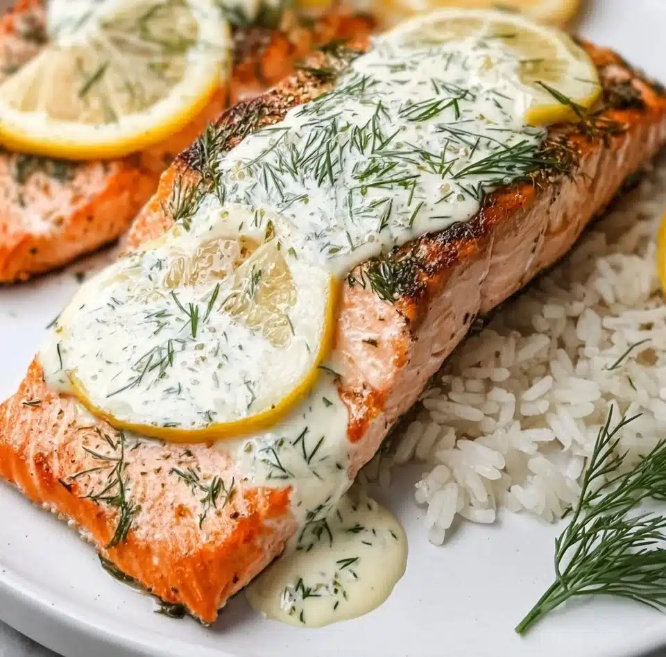Delicious salmon with lemon dill sauce on a plate