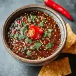 Salsa Macha with sesame seeds in a small bowl, garnished with herbs.
