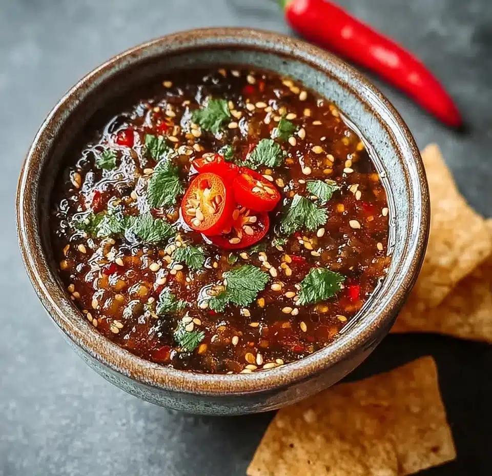 Salsa Macha with sesame seeds in a small bowl, garnished with herbs.