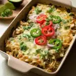 Delicious Salsa Verde Chicken Casserole topped with melted cheese and fresh cilantro