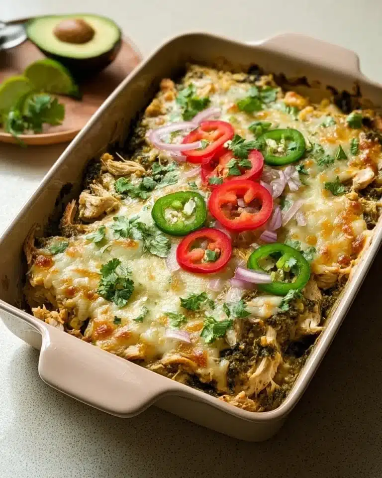 Delicious Salsa Verde Chicken Casserole topped with melted cheese and fresh cilantro