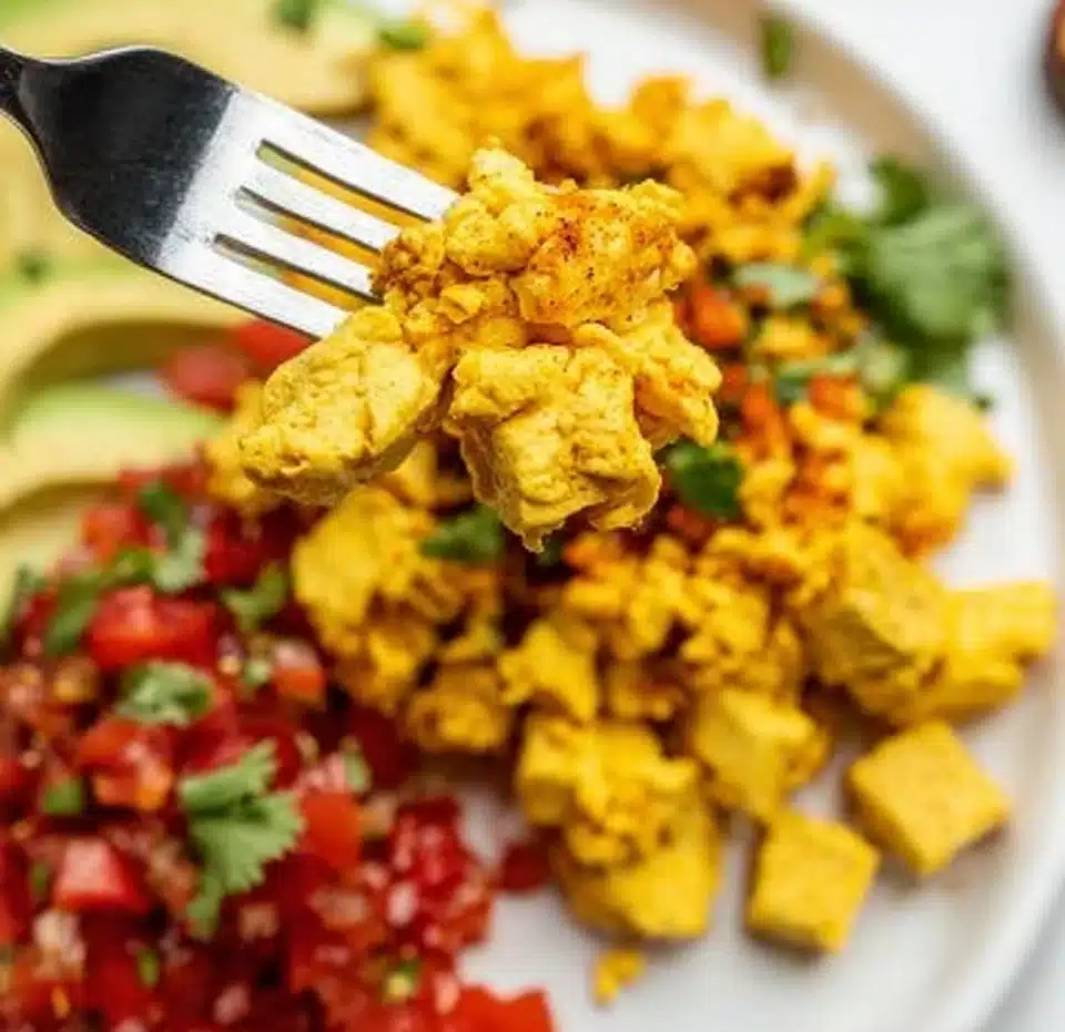 Bowl of colorful scrambled tofu with vegetables and herbs on a rustic table
