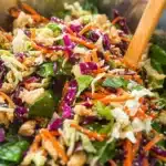 A fresh and colorful Sesame Ginger Chicken Salad with green vegetables and sesame seeds.