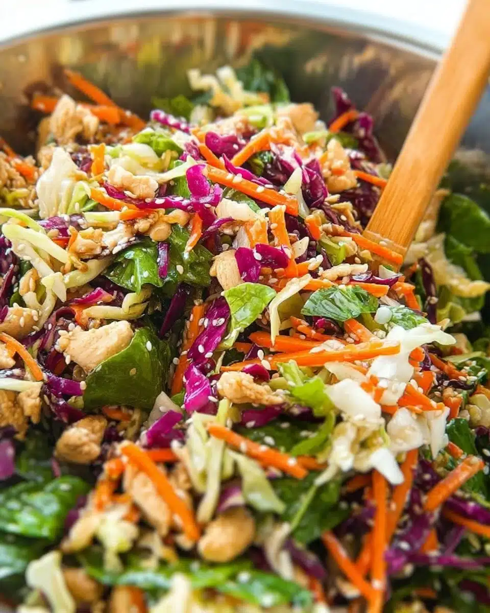 A fresh and colorful Sesame Ginger Chicken Salad with green vegetables and sesame seeds.