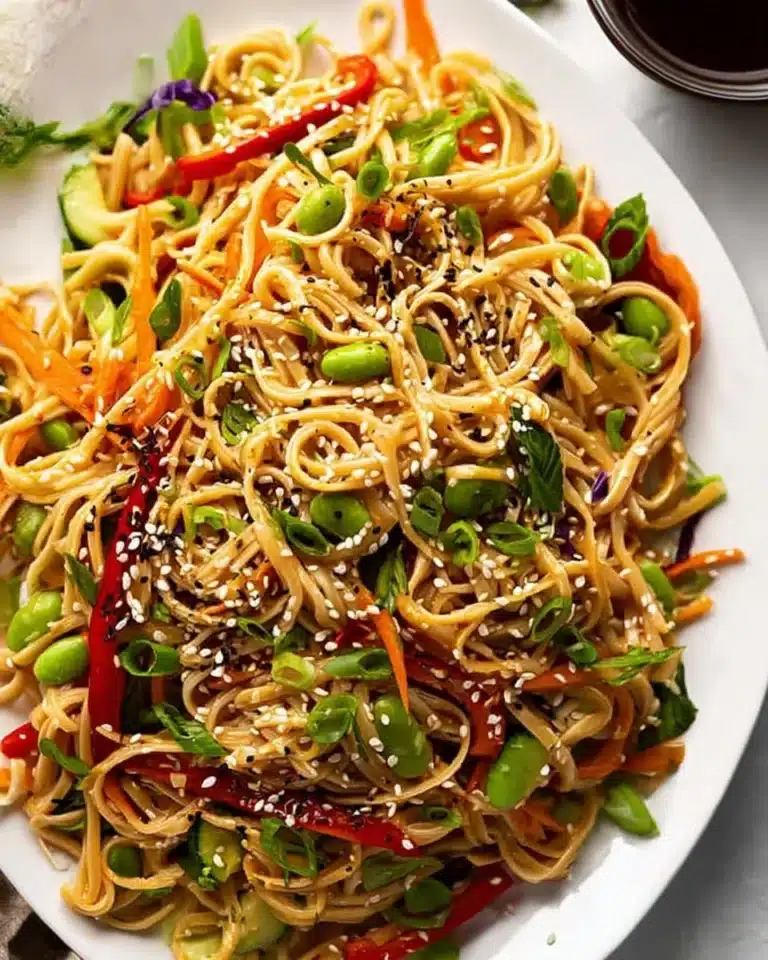 Colorful bowl of Sesame Noodle Salad with fresh vegetables and sesame dressing