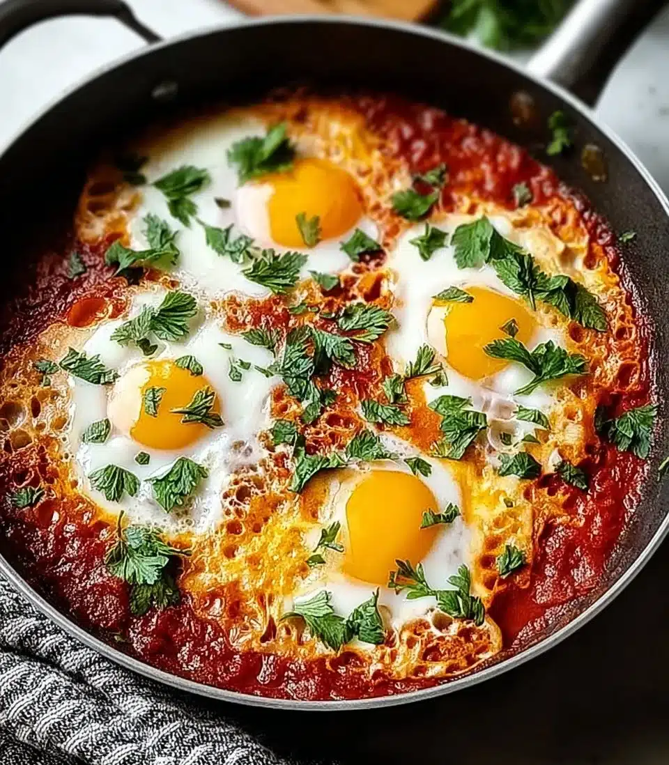 Delicious shakshuka with poached eggs and spiced tomato sauce.