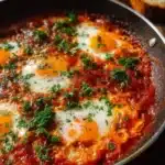 Delicious shakshuka served in a skillet with poached eggs and vibrant sauce