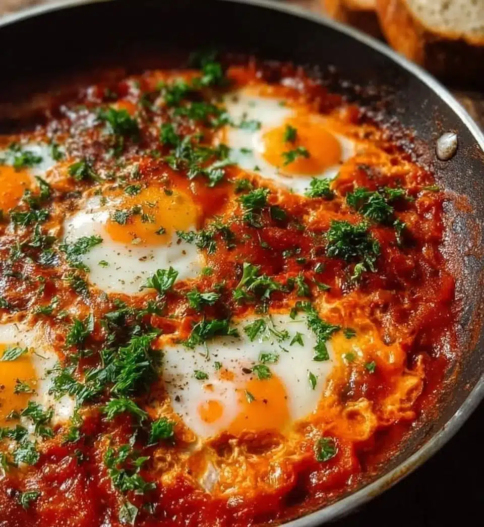 Delicious shakshuka served in a skillet with poached eggs and vibrant sauce