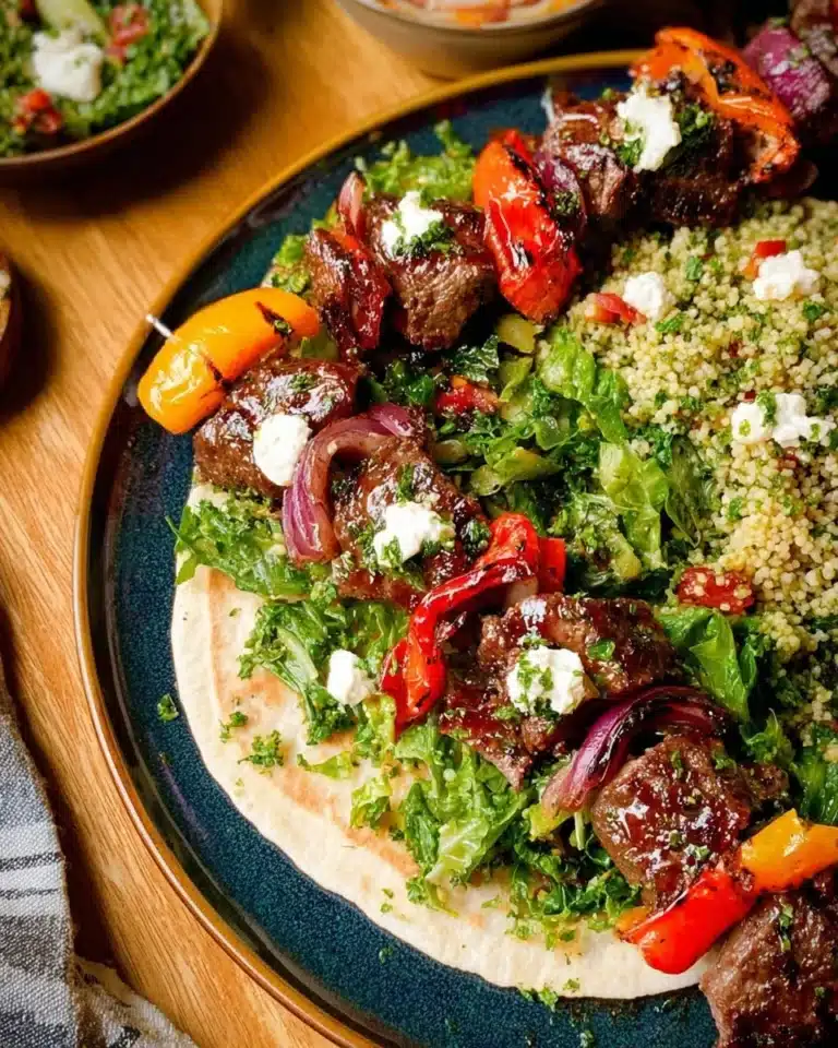 Colorful sheet pan kebabs with assorted vegetables and meat ready to be served