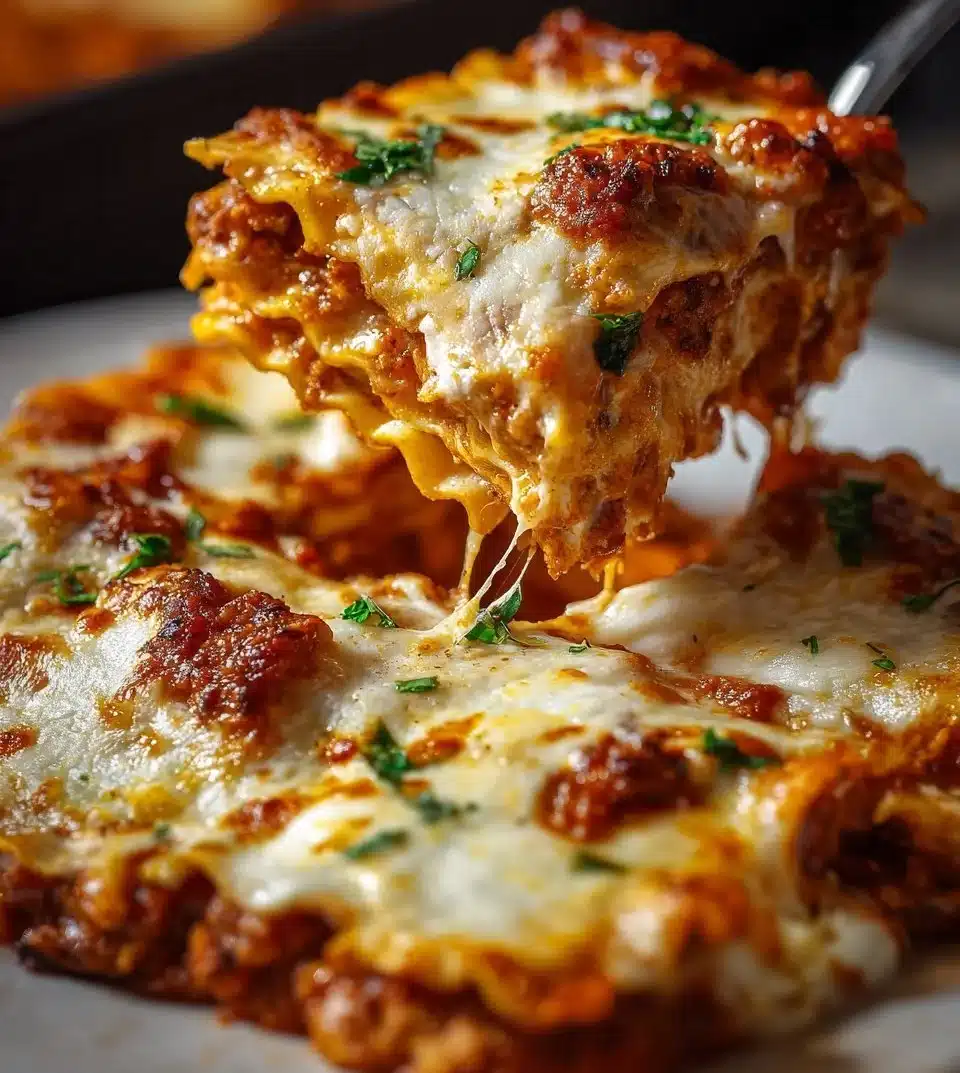 Delicious Sheet Pan Lasagna served on a white plate with fresh herbs