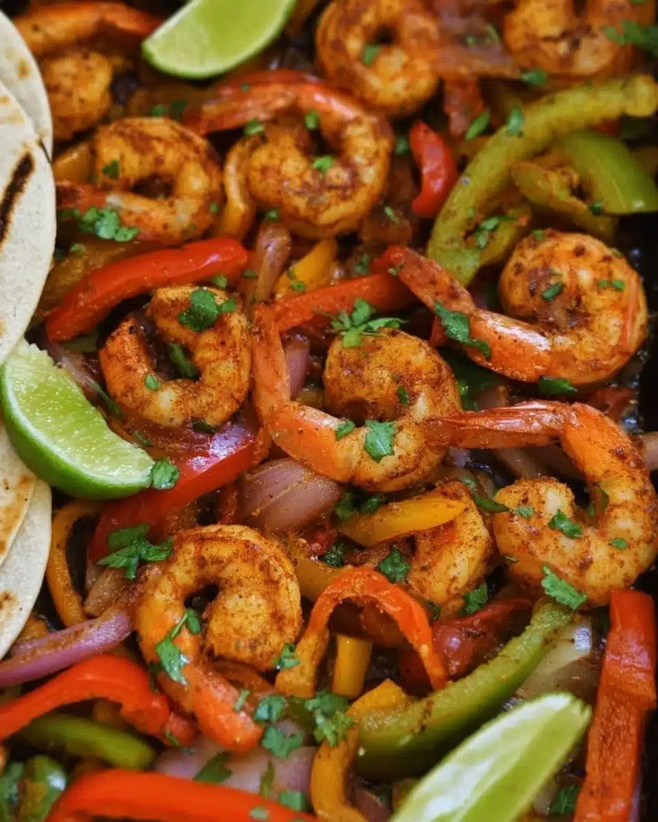 Delicious sheet pan shrimp fajitas with colorful peppers and spices