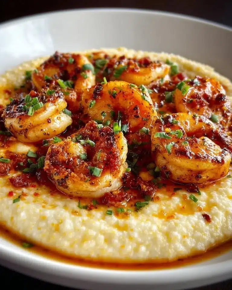 Delicious bowl of shrimp and grits topped with herbs and spices