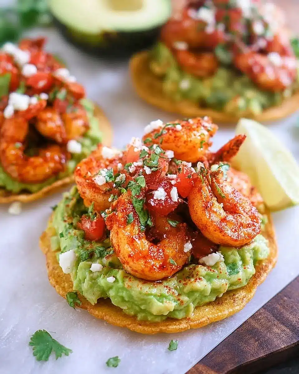 Shrimp tostadas topped with guacamole and fresh ingredients