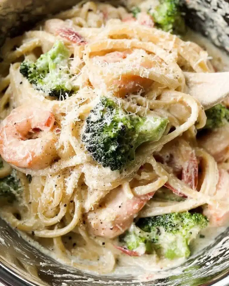 Shrimp broccoli pasta served with garlic sauce and parmesan cheese