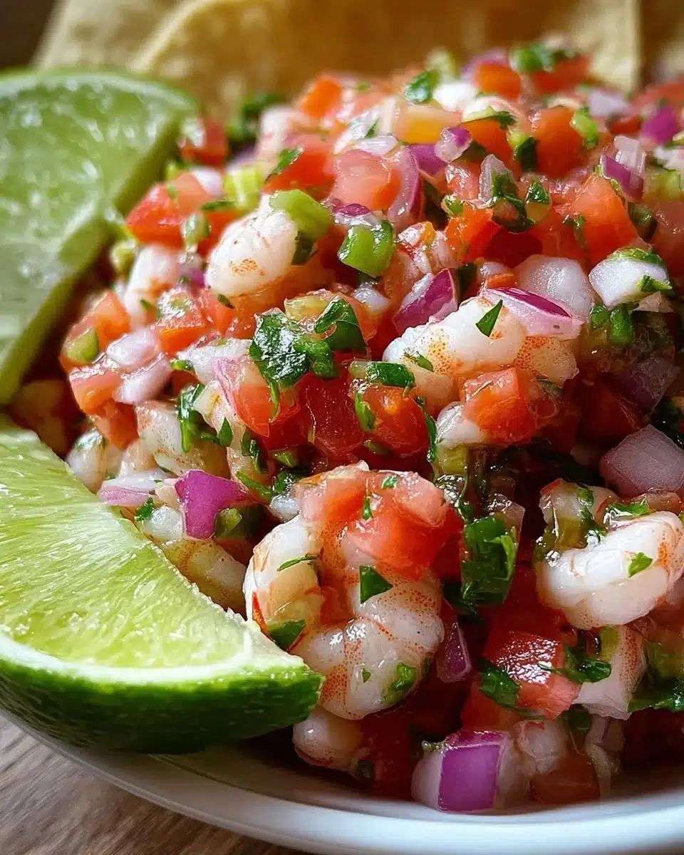 A vibrant bowl of shrimp ceviche garnished with cilantro and lime.