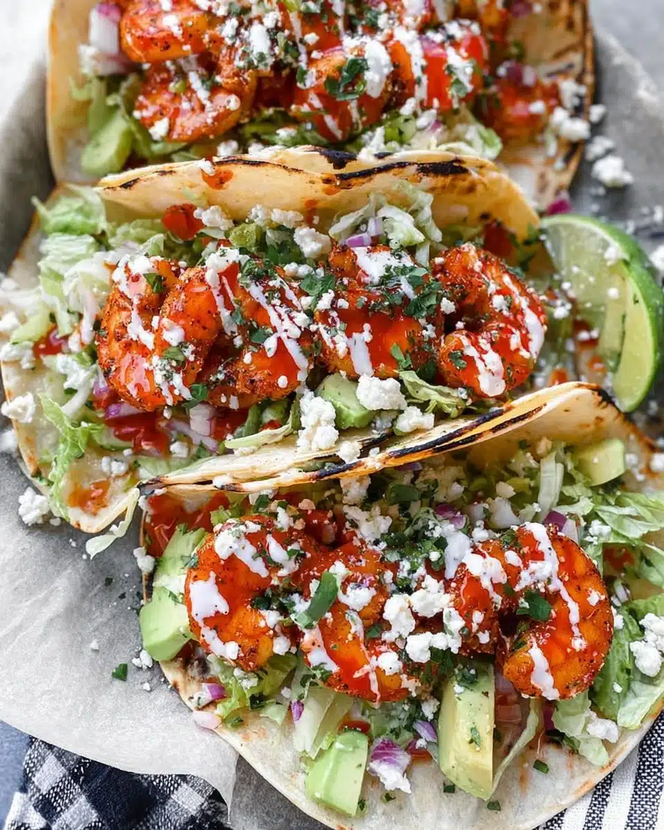 Delicious shrimp tacos served with fresh toppings and lime