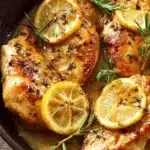 Delicious Skillet Lemon Chicken served with herbs and lemon slices