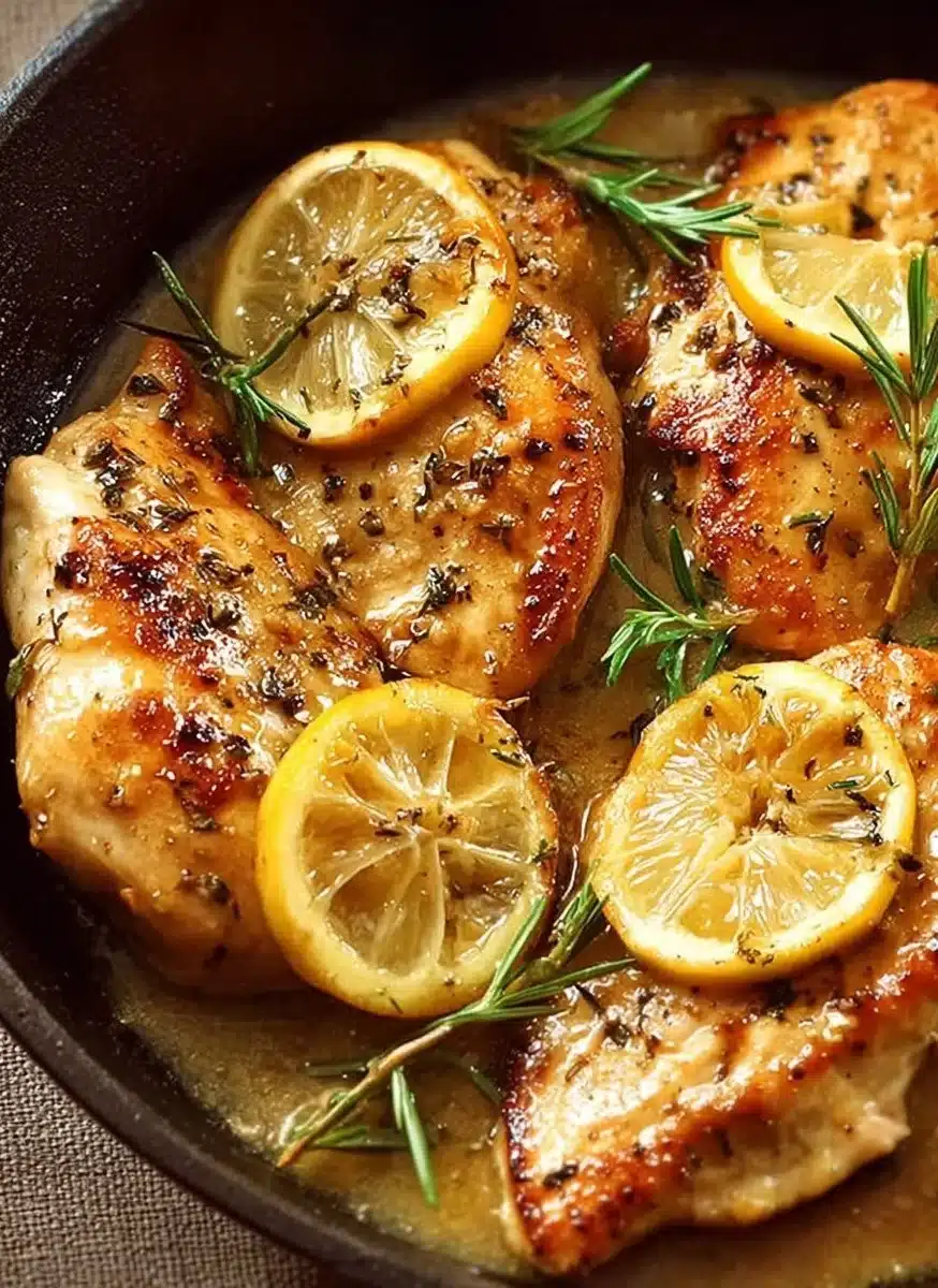Delicious Skillet Lemon Chicken served with herbs and lemon slices