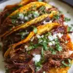 Delicious slow cooker birria tacos garnished with fresh cilantro and onions