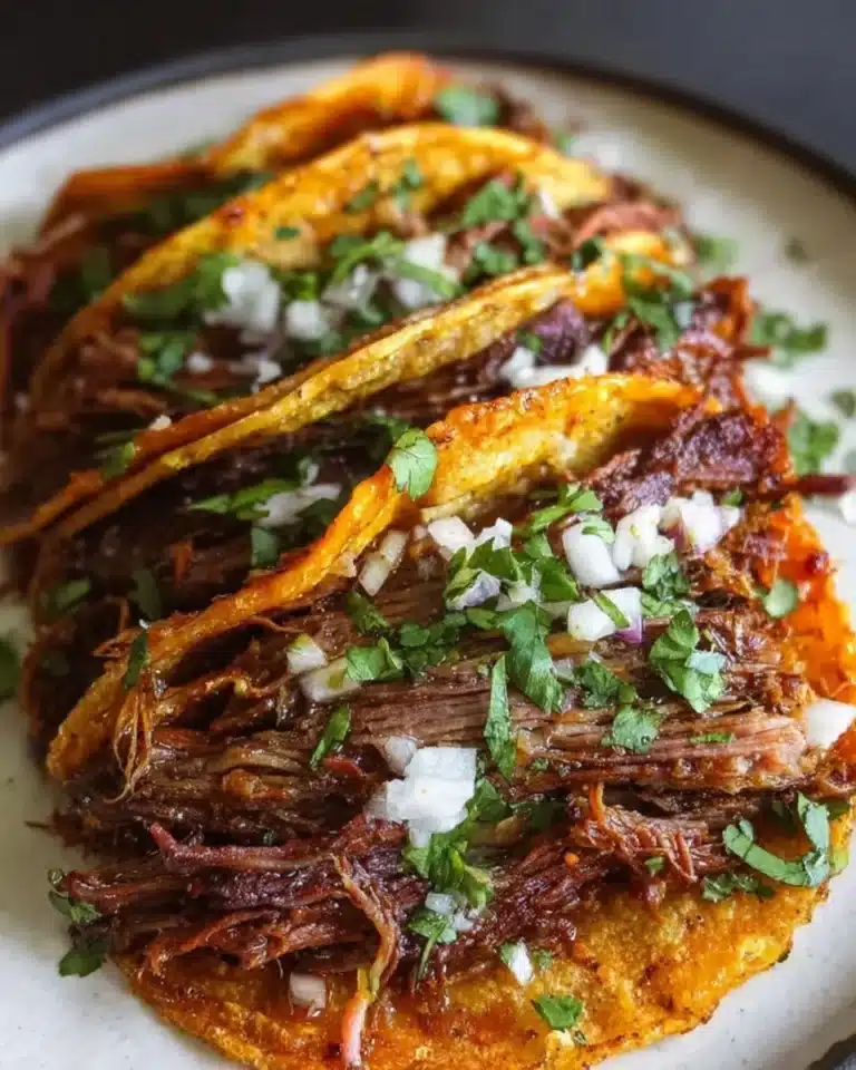 Delicious slow cooker birria tacos garnished with fresh cilantro and onions