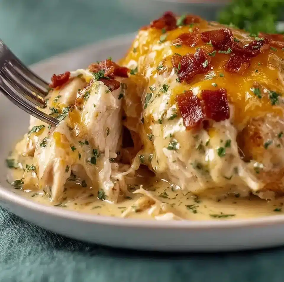 Slow Cooker Crack Chicken served in a bowl with herbs and cheese