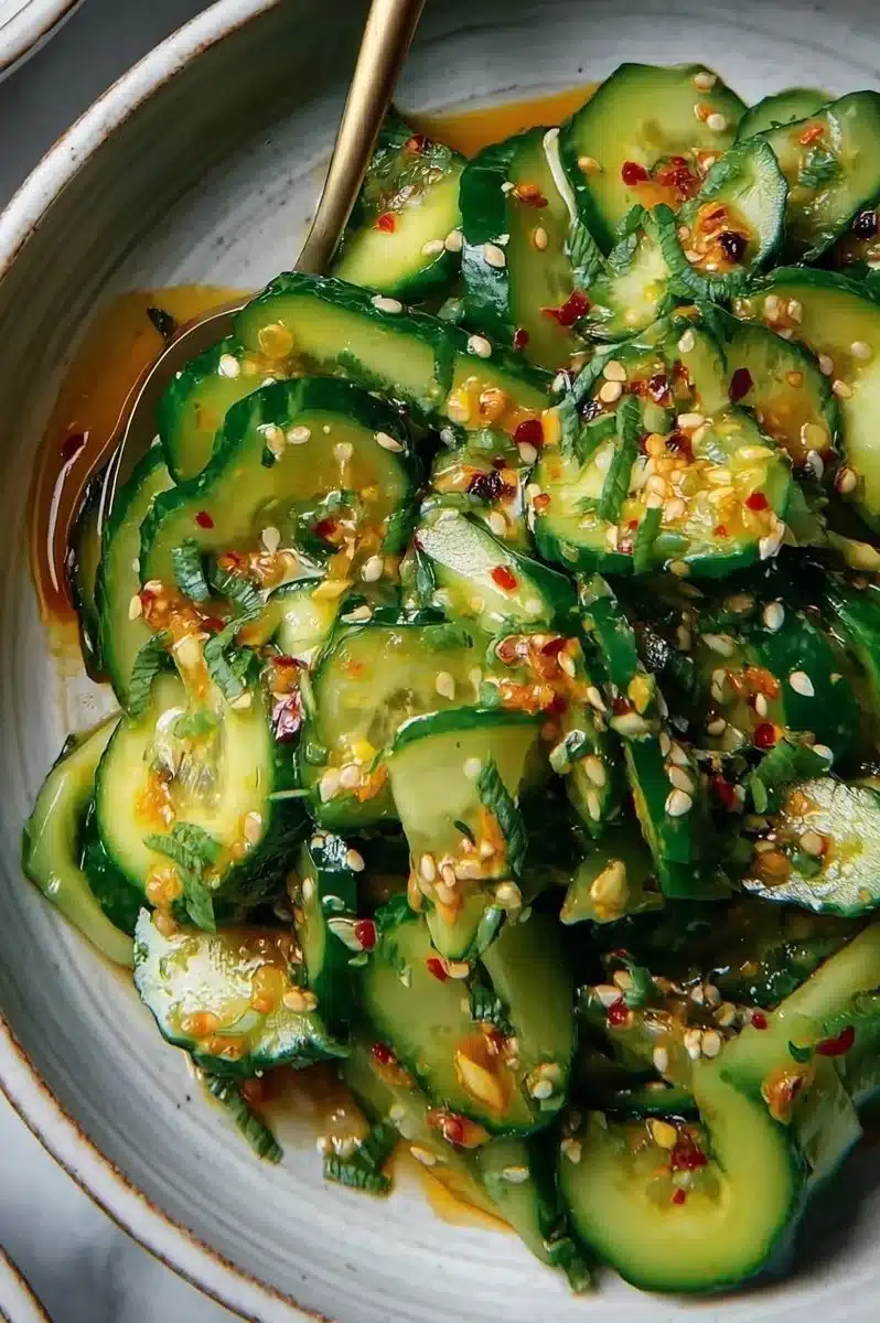 Smashed cucumber salad with chili crisp garnished for a fresh summer dish