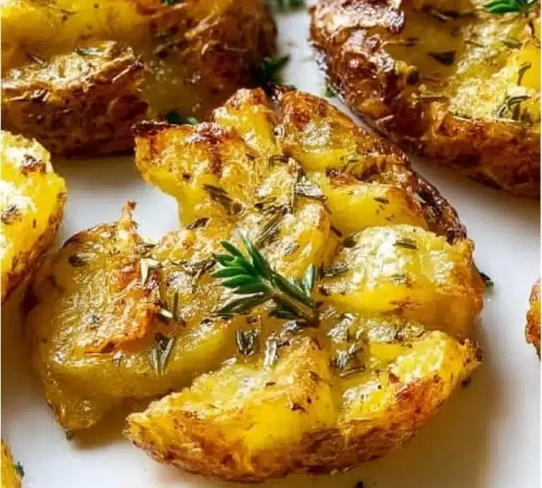 Deliciously smashed potatoes, crispy and fluffy, served as a side dish.