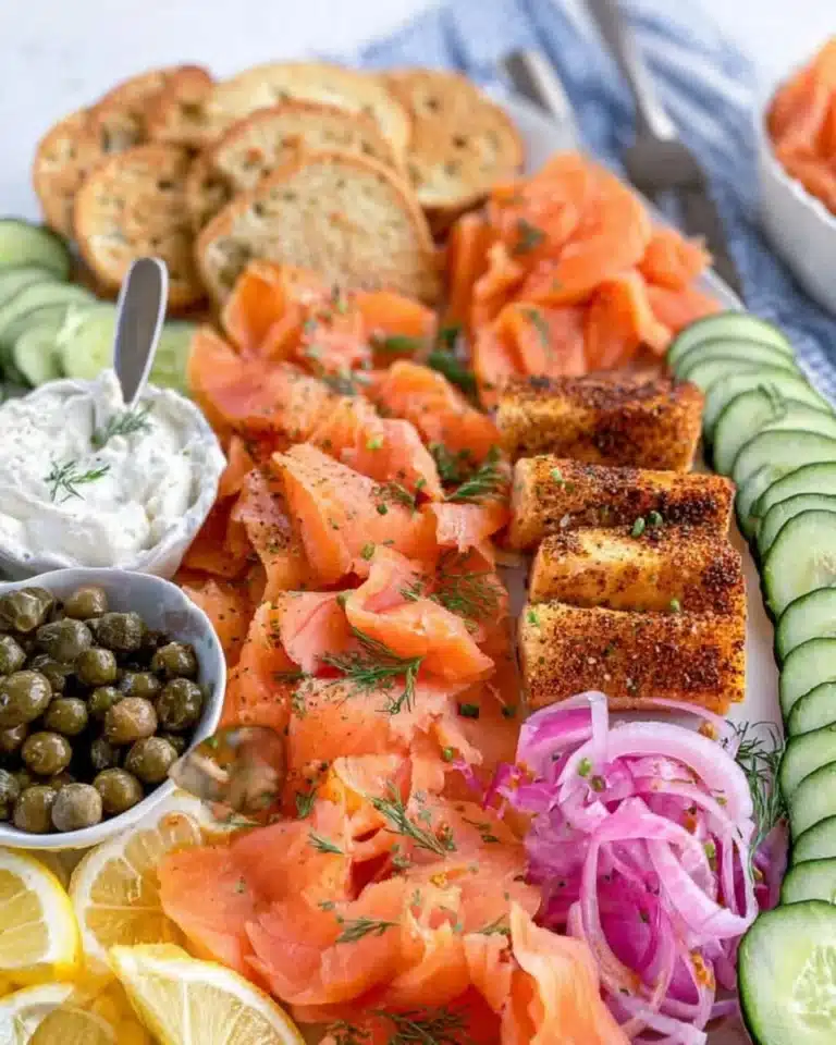 Delicious smoked salmon platter with garnishes and side accompaniments