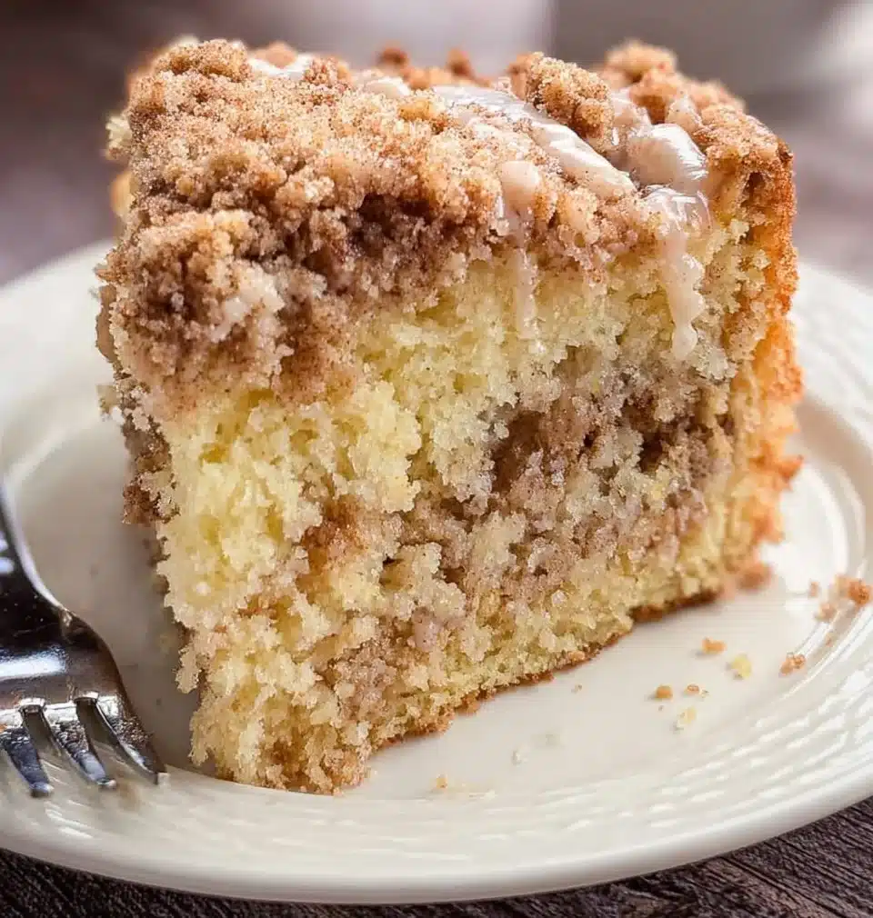 Delicious sour cream coffee cake served on a plate with coffee