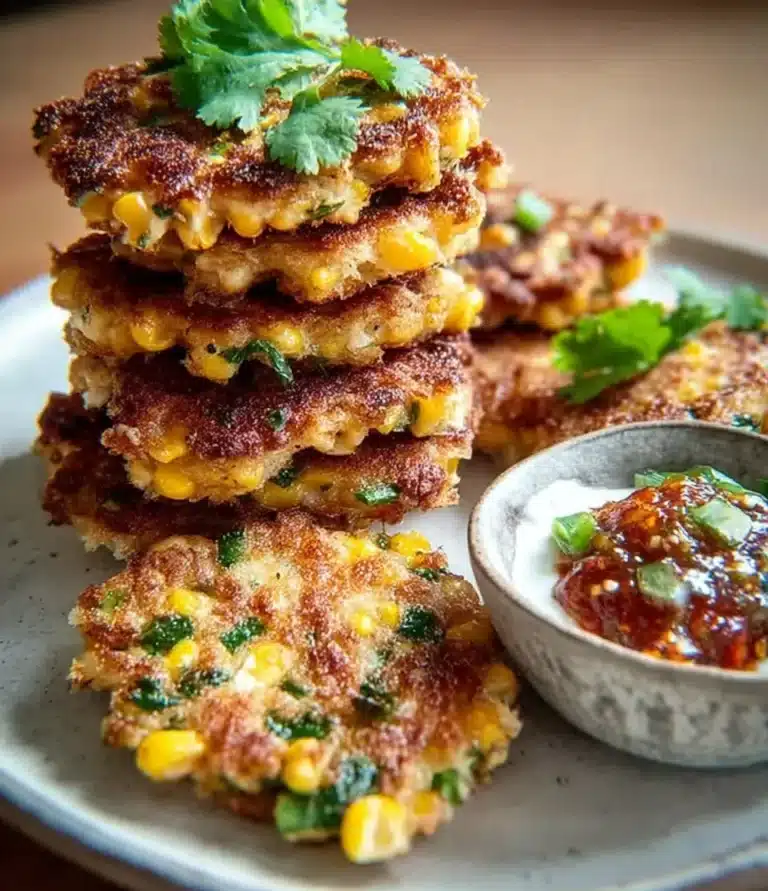 Delicious spelt sweetcorn fritters served on a plate with fresh herbs