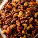 A bowl of spiced nuts featuring various nuts seasoned with flavorful spices.