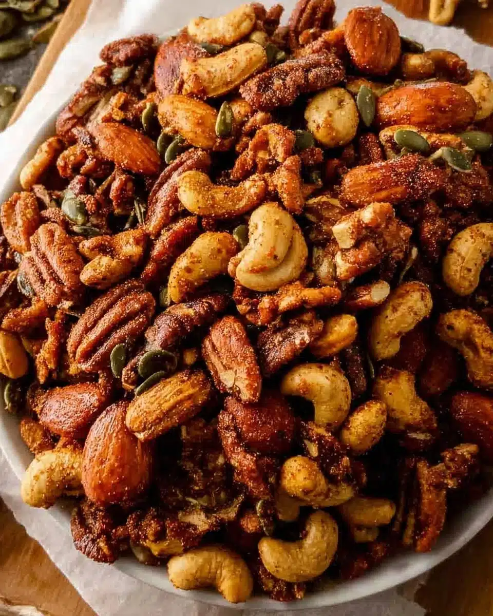 A bowl of spiced nuts featuring various nuts seasoned with flavorful spices.