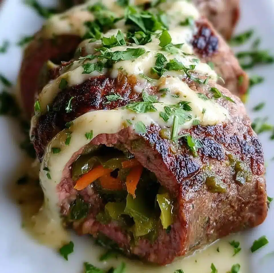 Delicious spicy Hatch green chile steak roll ups served on a plate