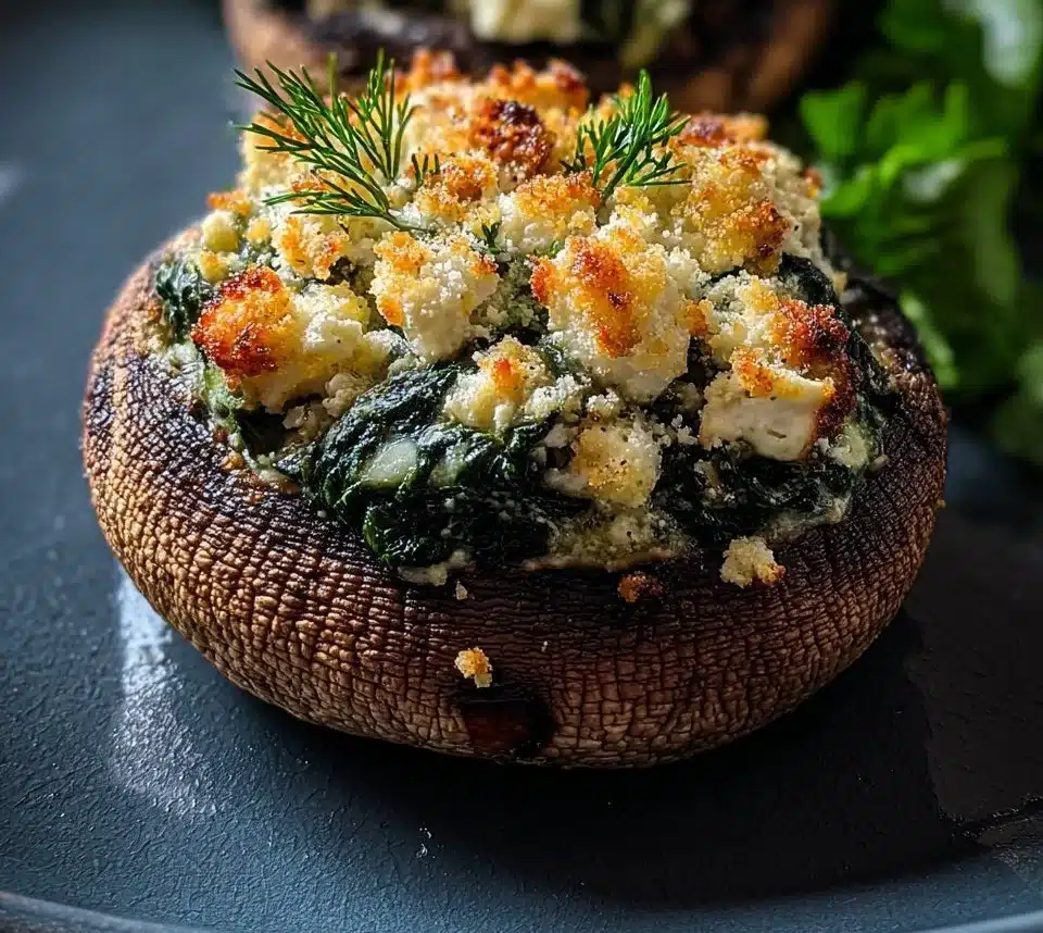 Spinach and feta stuffed mushrooms ready to serve