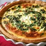 Slice of Spinach Feta Quiche on a plate with fresh herbs