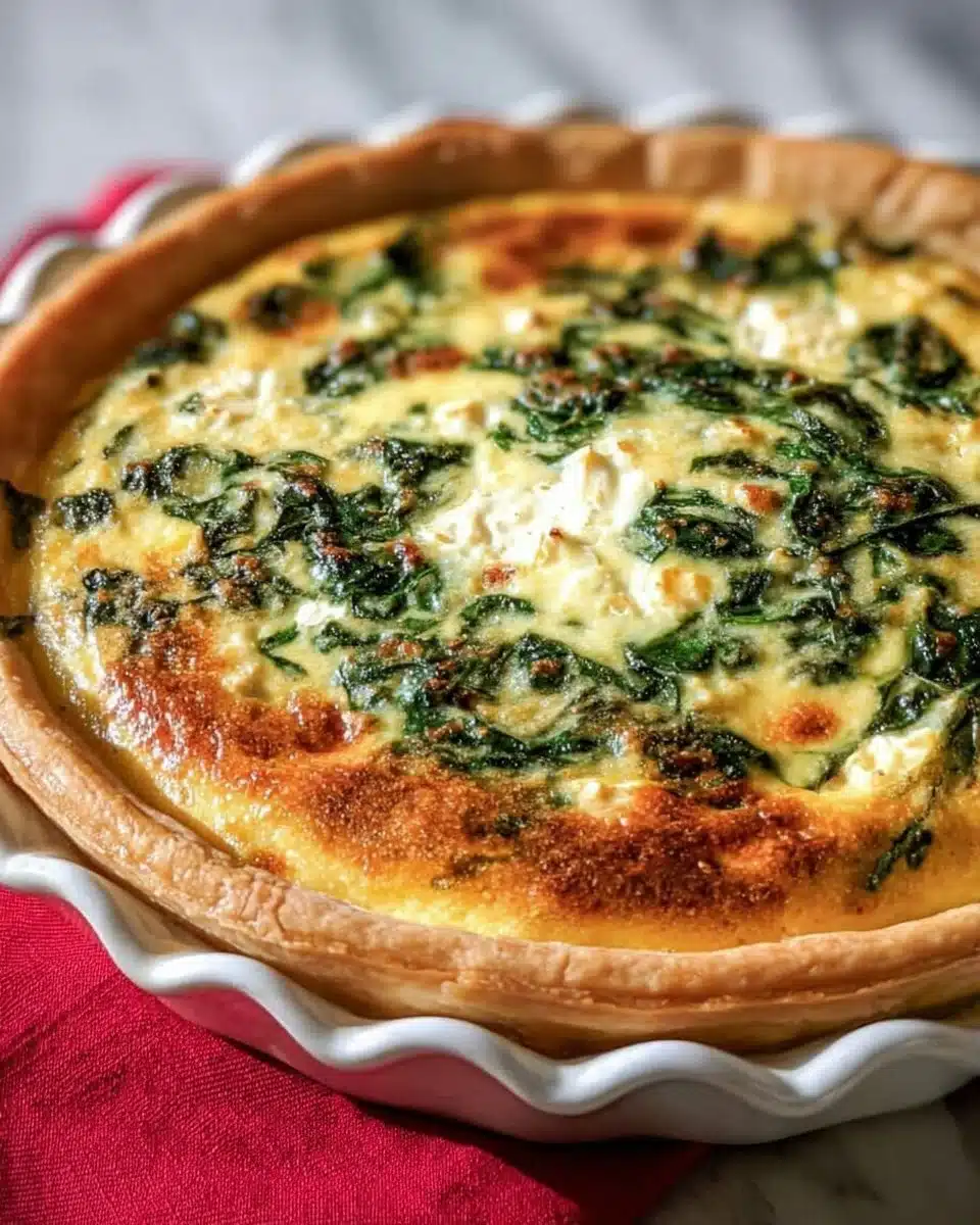 Slice of Spinach Feta Quiche on a plate with fresh herbs