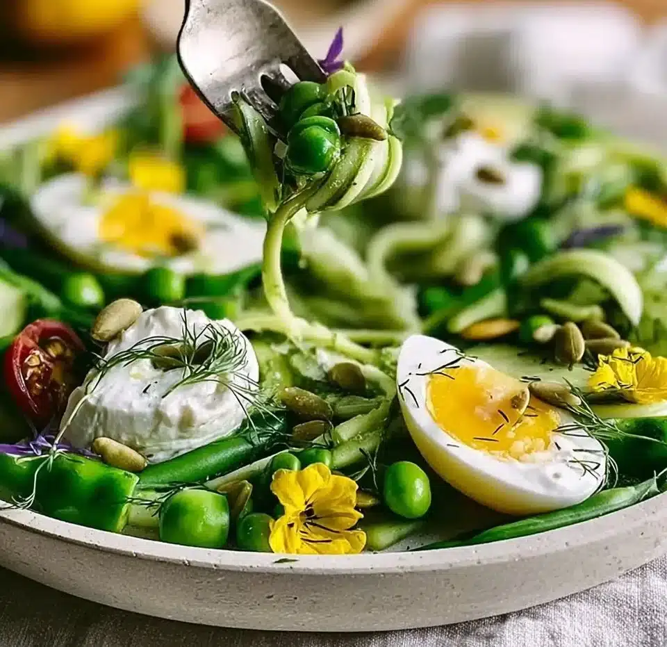 Delicious Spring Salad with Burrata on a white plate topped with fresh ingredients.