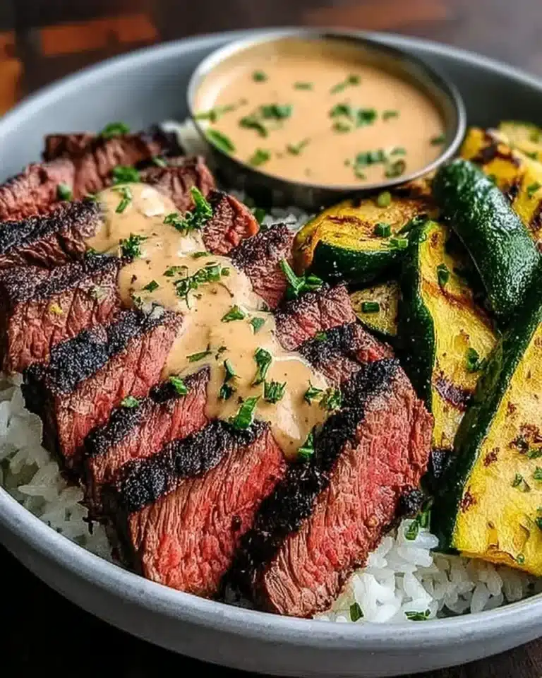 Delicious Steak Bowl topped with savory sauce and fresh zucchini.