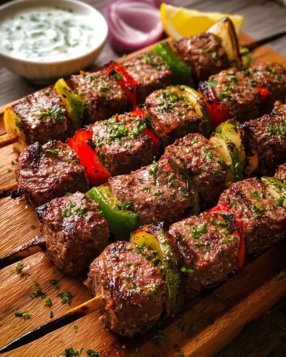 Flavorful grilled steak kabobs with colorful vegetables on skewers