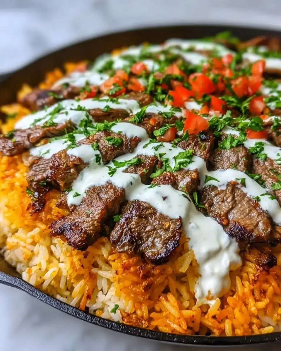 Delicious Steak Queso Rice with tender steak, melted queso, and rice.