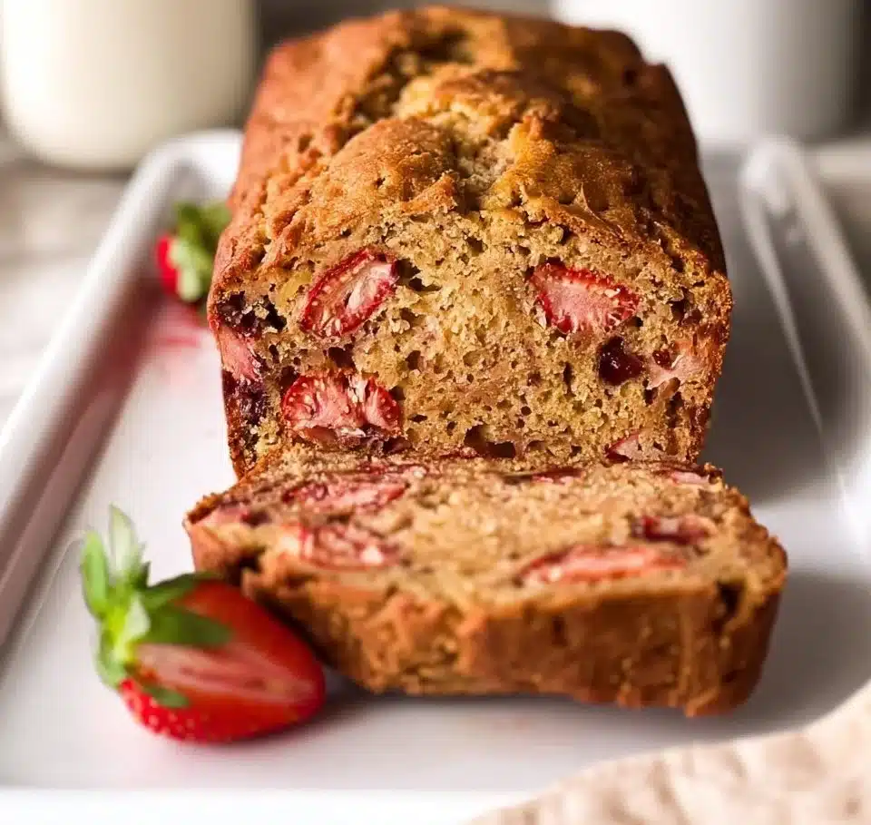 Loaf of freshly baked Strawberry Banana Bread with slices displayed