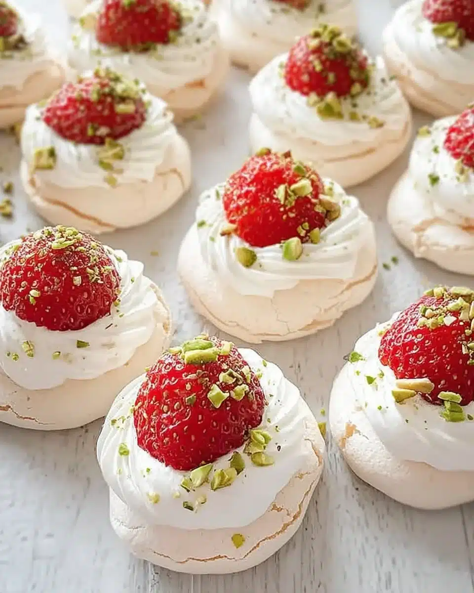 Strawberry Cardamom Pavlova Bites on a white plate garnished with mint