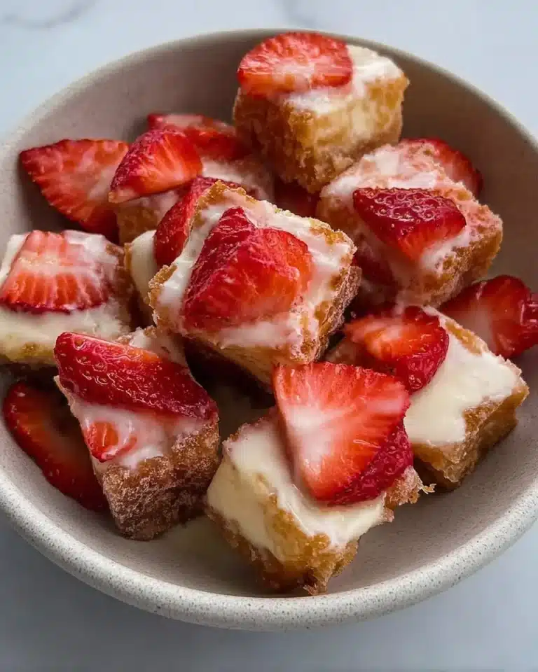 Strawberry churro cheesecake bites topped with whipped cream and strawberries.